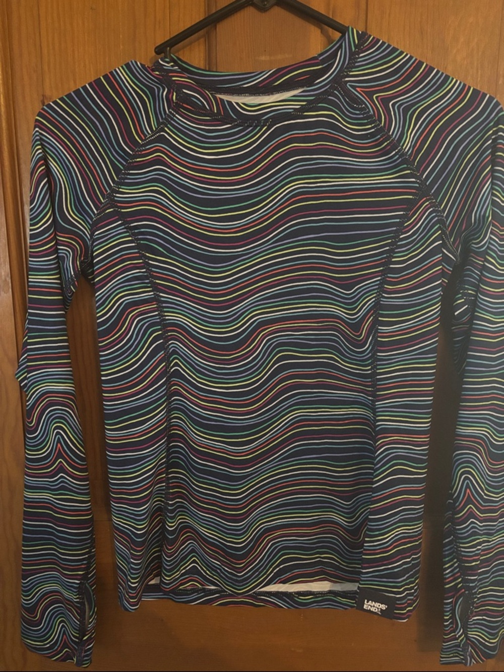 NWOT Lands' End Kids Navy Multi-Color Wavy Stripe Long-Sleeve Rashguard